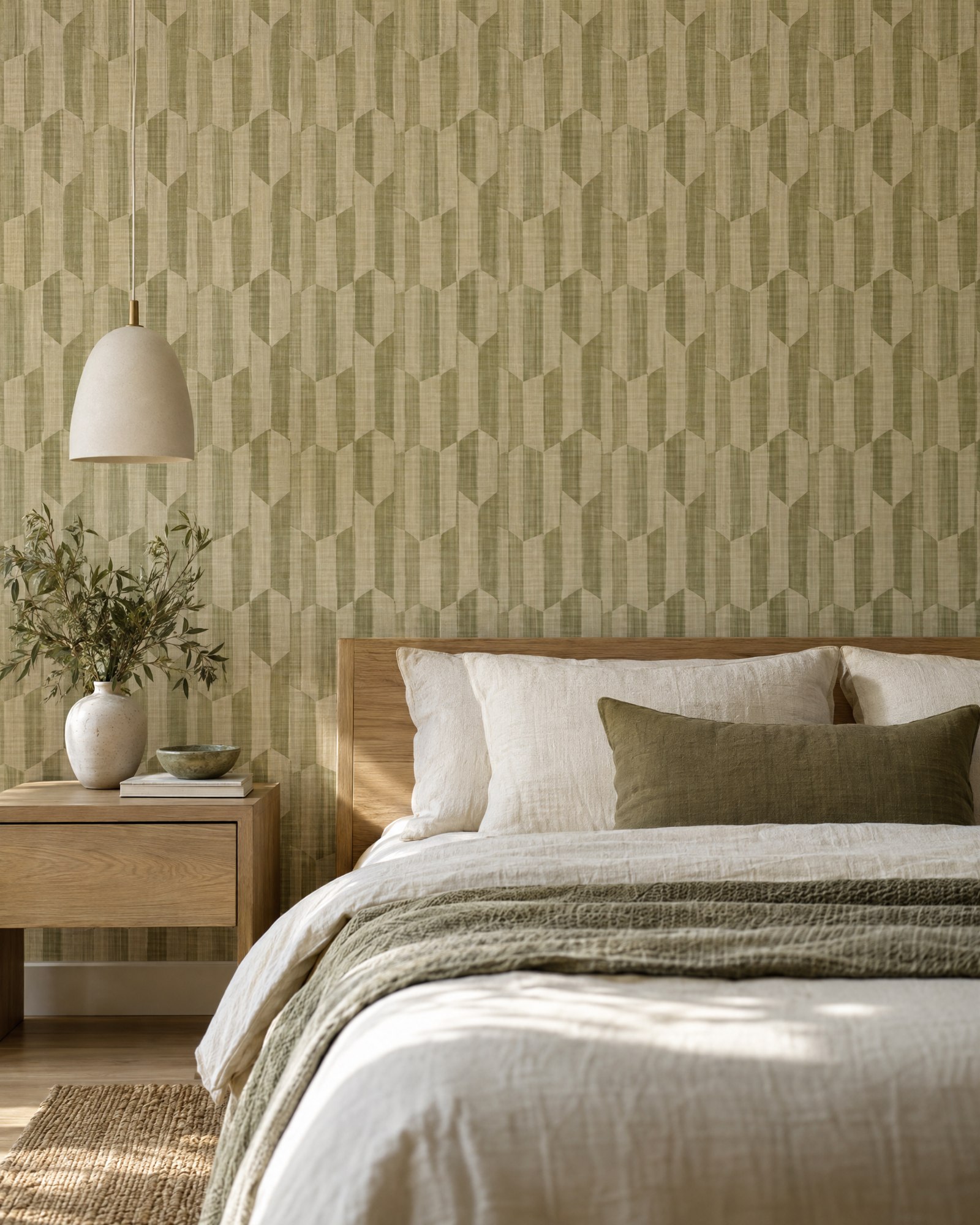 Warm textured geometric wallpaper above an oak bed with cream linens