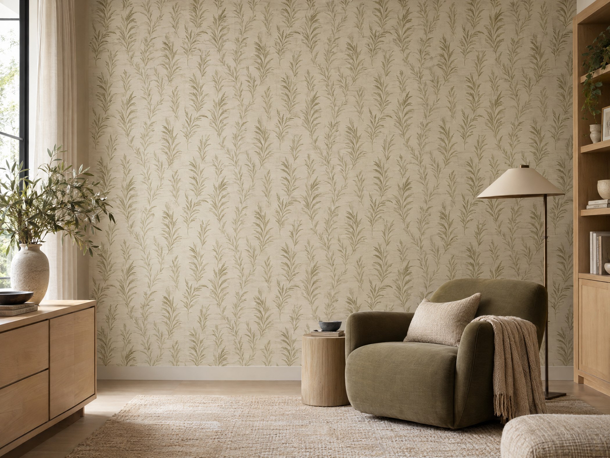 Olive fern wallpaper with a linen texture in a bright reading room with maple furniture