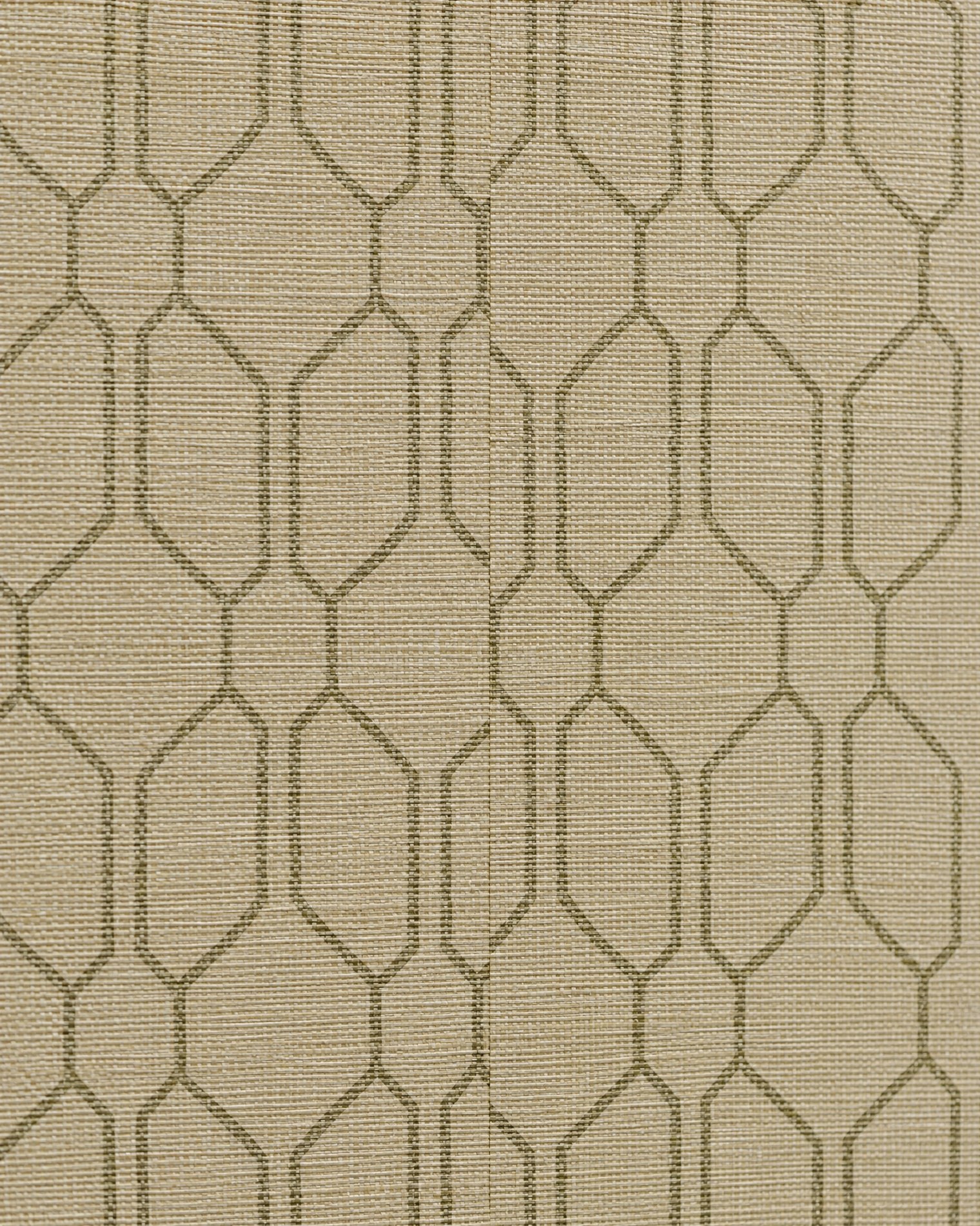 Fine woven wallcovering texture with an aligned olive pattern across a subtle seam